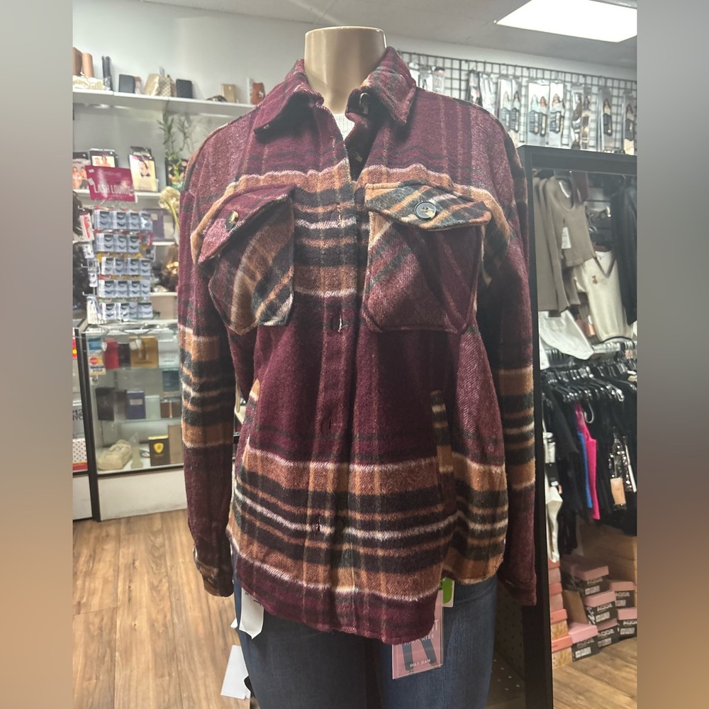 Plaid Button-Up Shirt in Burgundy and Tan